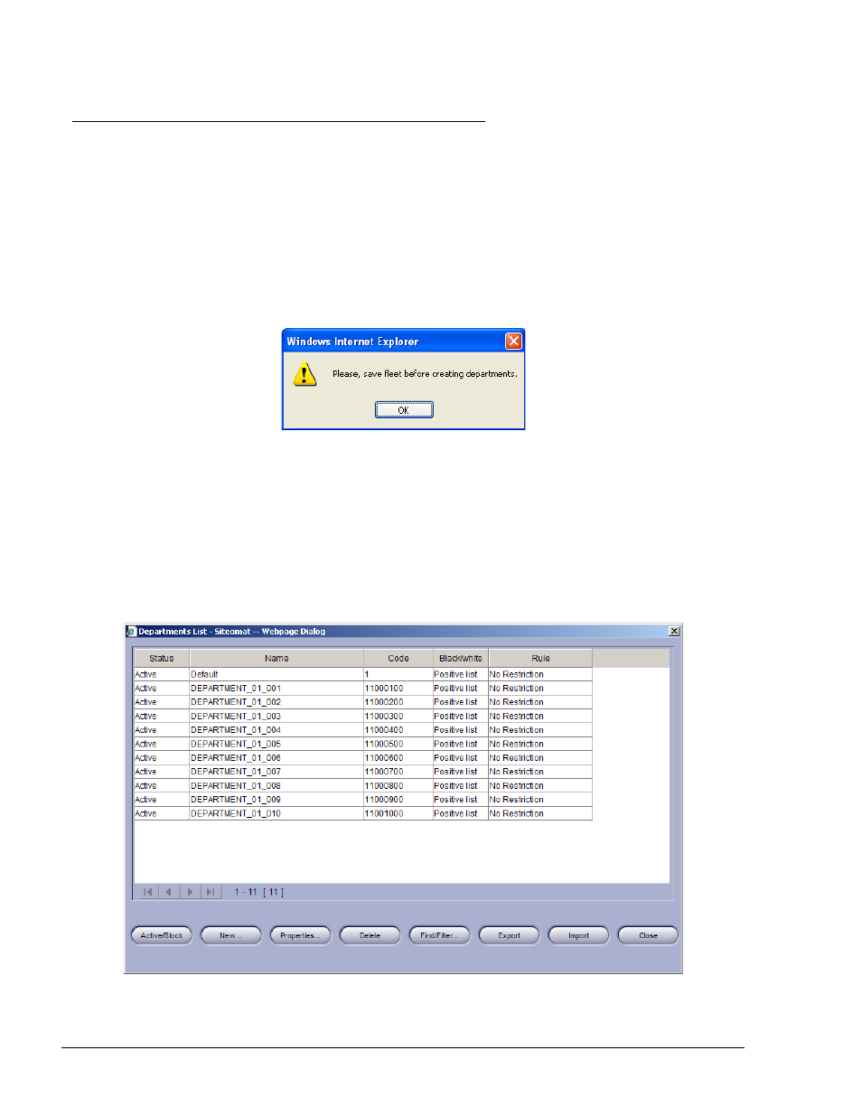 Departments, General, Displaying the departments list dialog box | Figure 7-26. department definition – error message, Figure 7-27. departments dialog box | Gasboy Fleet Head Office System User Manual | Page 166 / 370