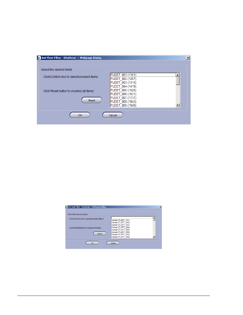 Department filter, Figure 8-2. set fleet filter dialog box, Figure 8-3. set dept filter dialog box | Gasboy Fleet Head Office System User Manual | Page 186 / 370