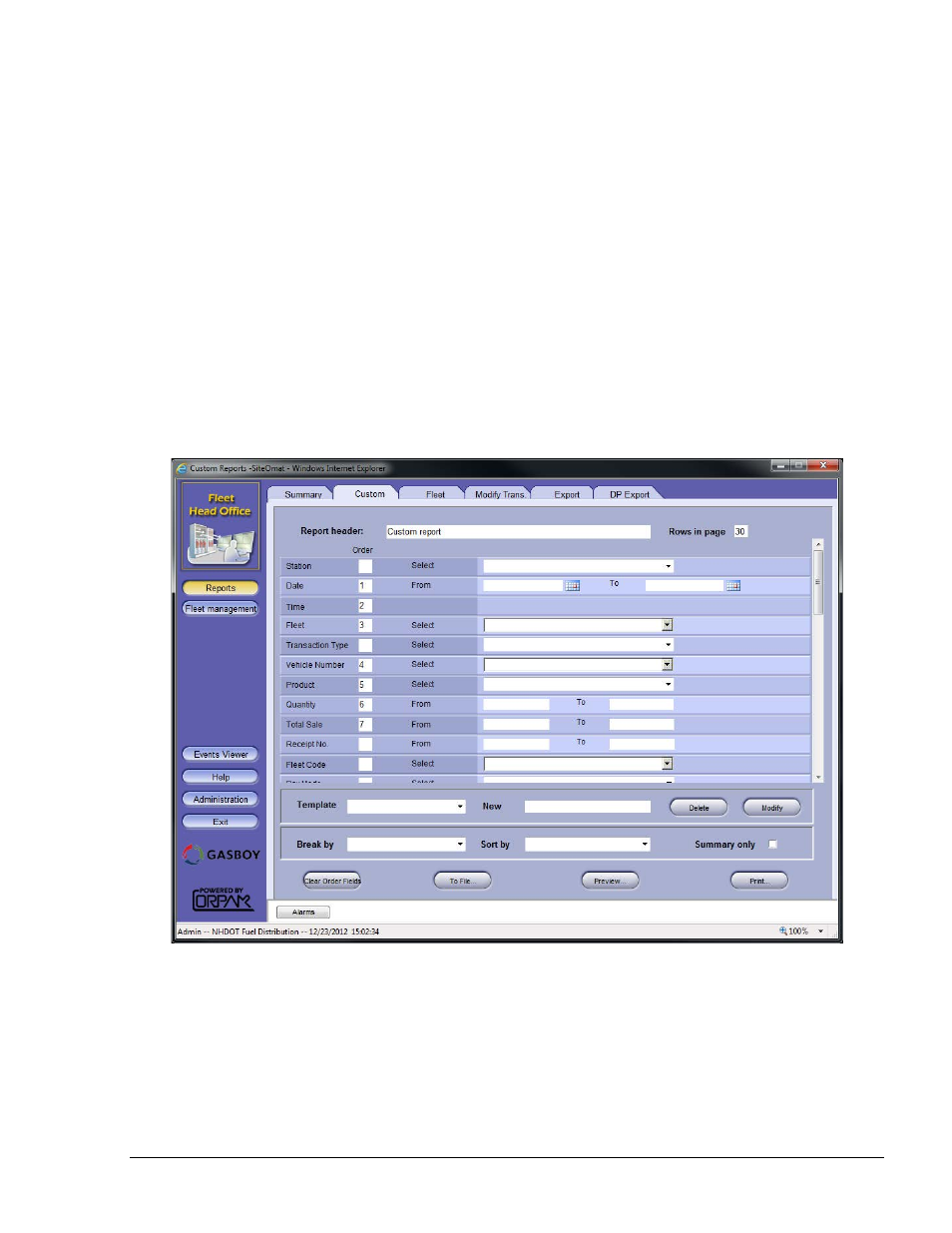 Custom report, Custom report window elements, Report header | Figure 8-8. custom report screen | Gasboy Fleet Head Office System User Manual | Page 191 / 370