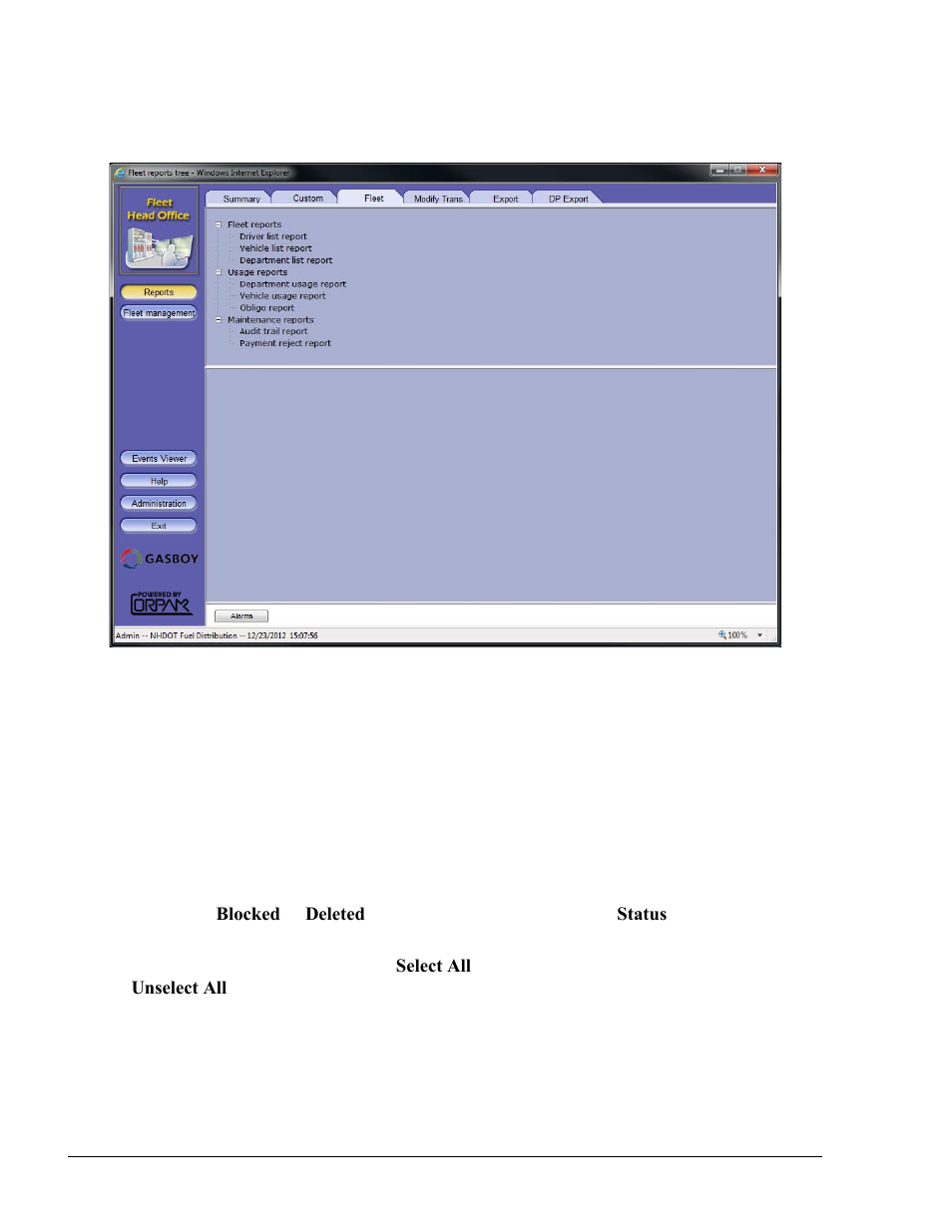 Driver list report, Figure 8-11. fleet reports screen, Table 8-2. driver list report fields | Gasboy Fleet Head Office System User Manual | Page 198 / 370