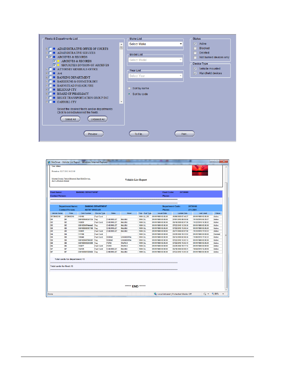 Department list report, Figure 8-14. vehicle list report section, Figure 8-15. vehicle list report – example | Figure 8-15) | Gasboy Fleet Head Office System User Manual | Page 202 / 370