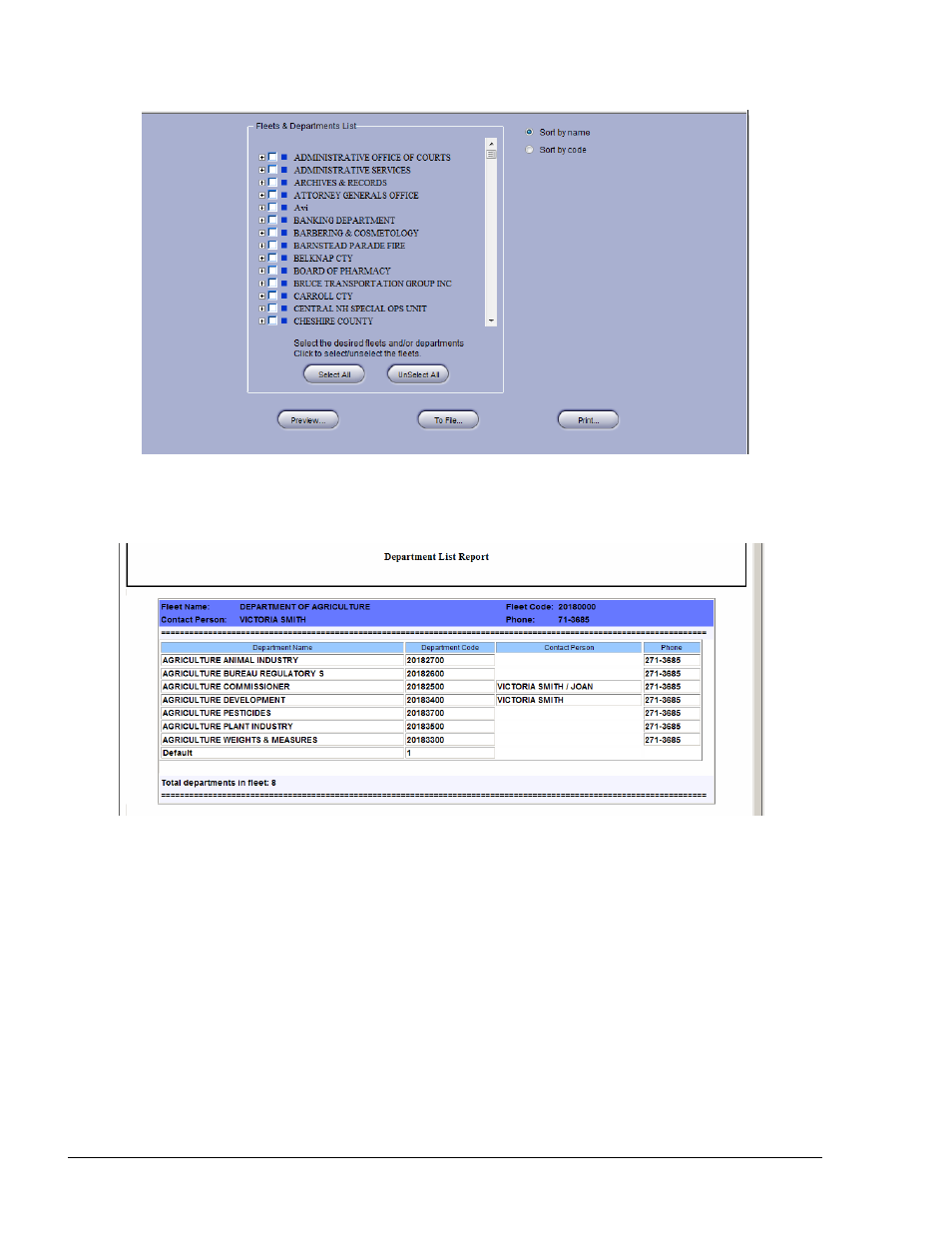 Department usage report, Figure 8-16. department list report section, Figure 8-17. department list report – example | Ee figure 8-16), Figure 8-17) | Gasboy Fleet Head Office System User Manual | Page 204 / 370