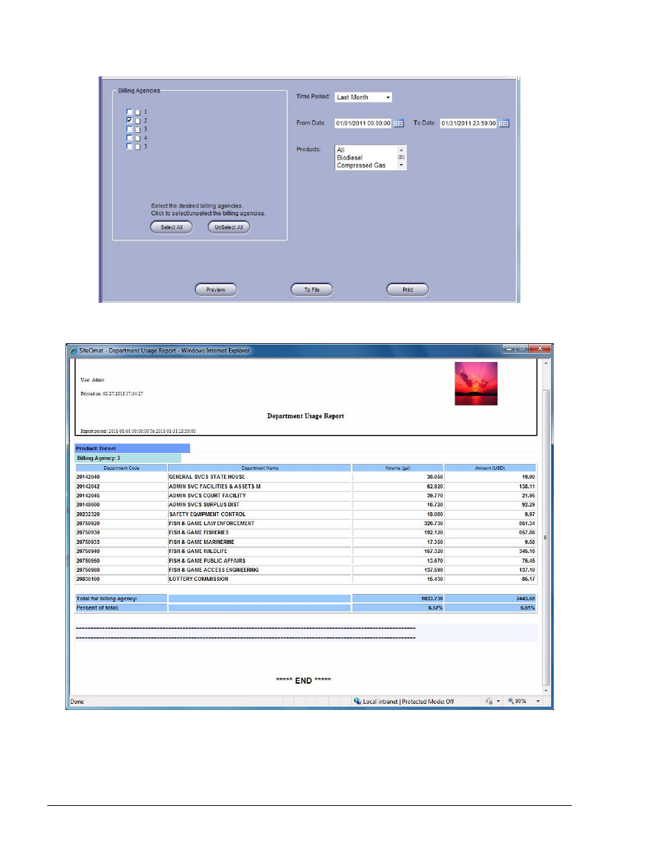 Figure 8-18. department usage report section, Figure 8-19. department usage report – example, Figure 8-19) | Gasboy Fleet Head Office System User Manual | Page 206 / 370