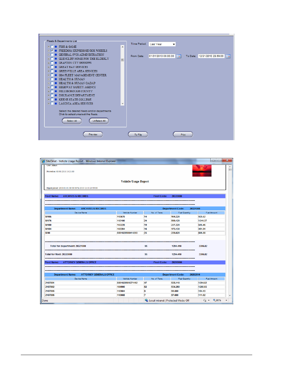Figure 8-20. vehicle usage report section, Figure 8-21. vehicle usage report – example, E figure 8-20) | Figure 8-21) | Gasboy Fleet Head Office System User Manual | Page 208 / 370