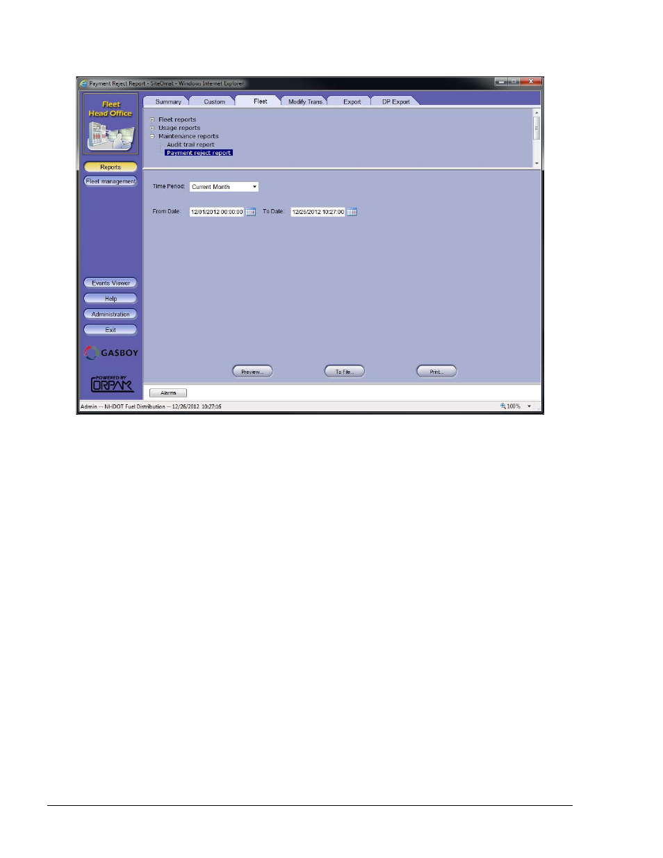 Figure 8-26. payment reject report screen | Gasboy Fleet Head Office System User Manual | Page 212 / 370