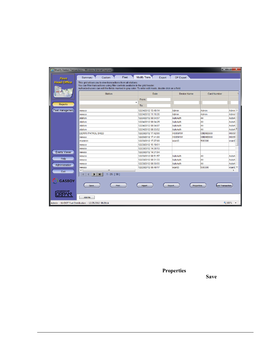 Modify transactions, Override transaction, Figure 8-27. modify transactions screen | Gasboy Fleet Head Office System User Manual | Page 213 / 370