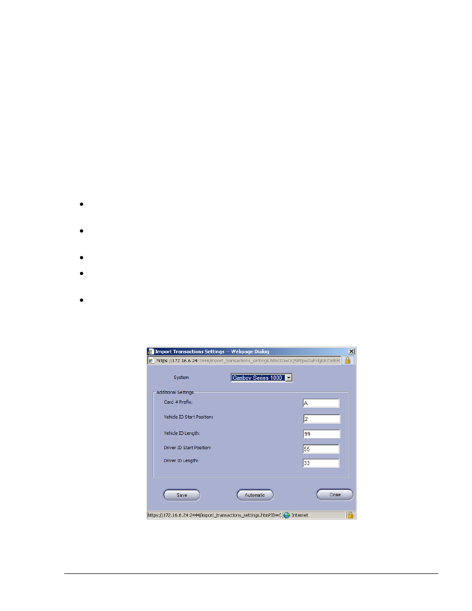 Setting the import process, Figure 8-29. import transactions dialog box | Gasboy Fleet Head Office System User Manual | Page 215 / 370