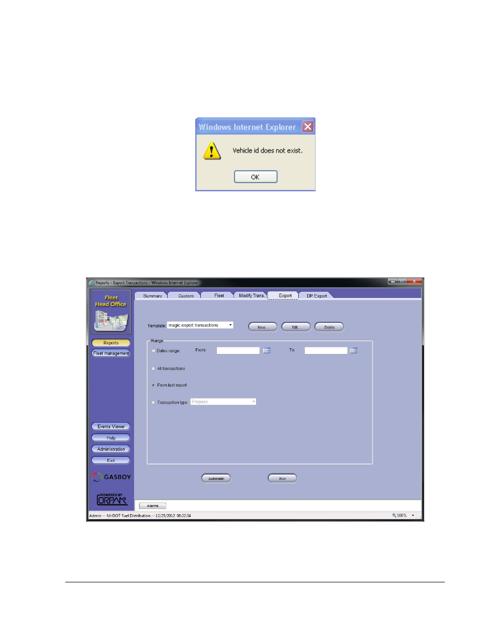 Export screen, Figure 8-33. vehicle id error message, Figure 8-34. reports – export transactions screen | Gasboy Fleet Head Office System User Manual | Page 217 / 370