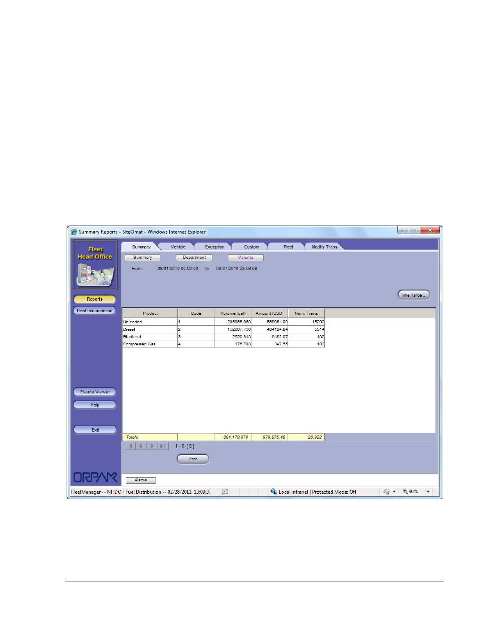 Summary- volume, Figure 8-44. volume report (fleet manager) | Gasboy Fleet Head Office System User Manual | Page 237 / 370