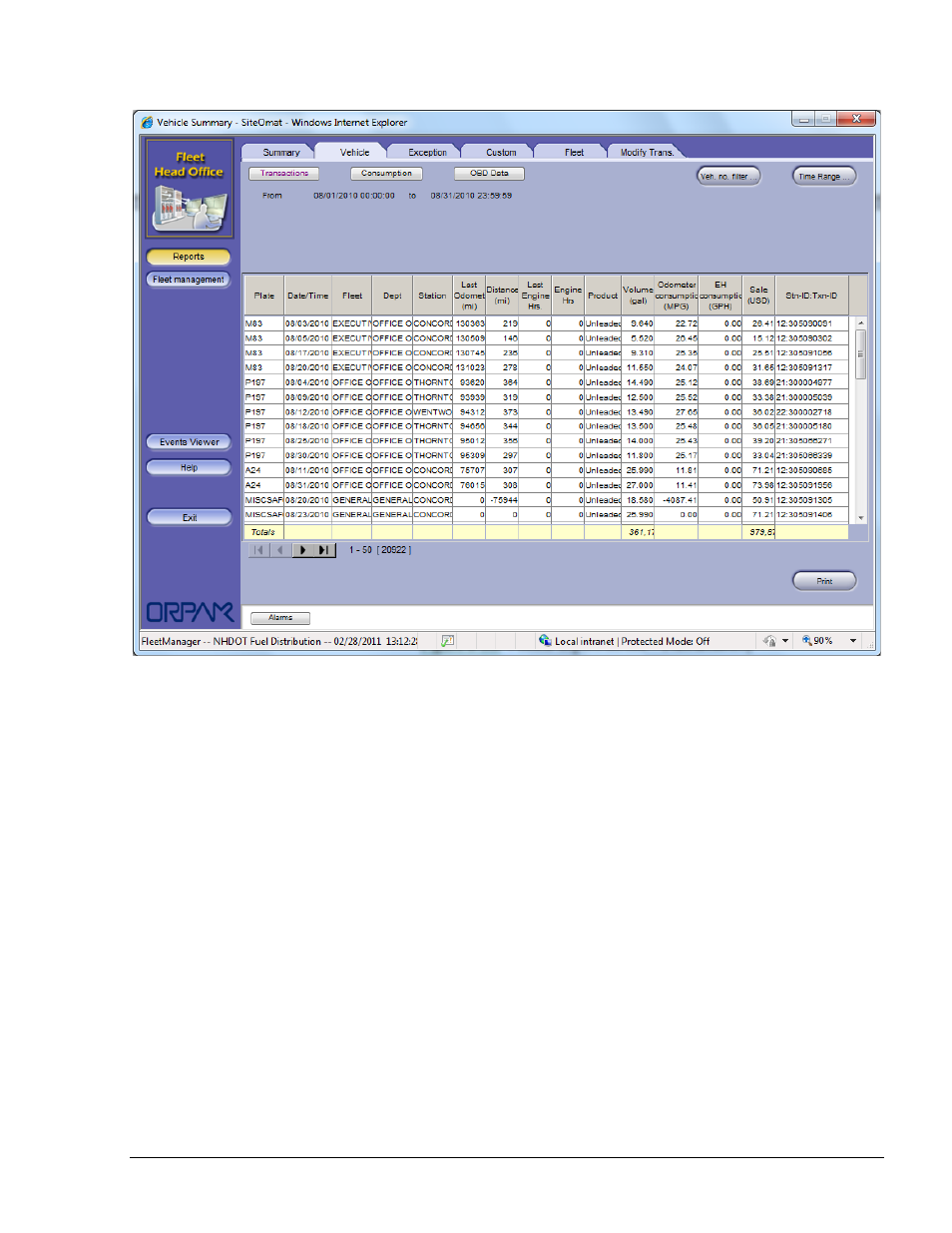 Consumption report, Figure 8-45. vehicle report screen - transactions, Ph 8.6.2.2) | Ee figure 8-43) | Gasboy Fleet Head Office System User Manual | Page 239 / 370