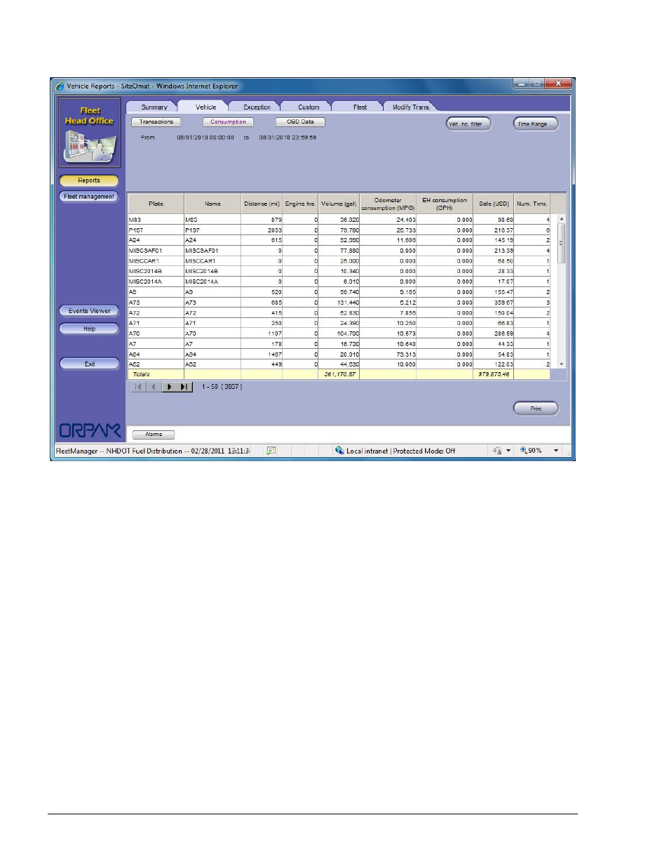 Figure 8-46. vehicle report screen - comsumption | Gasboy Fleet Head Office System User Manual | Page 240 / 370