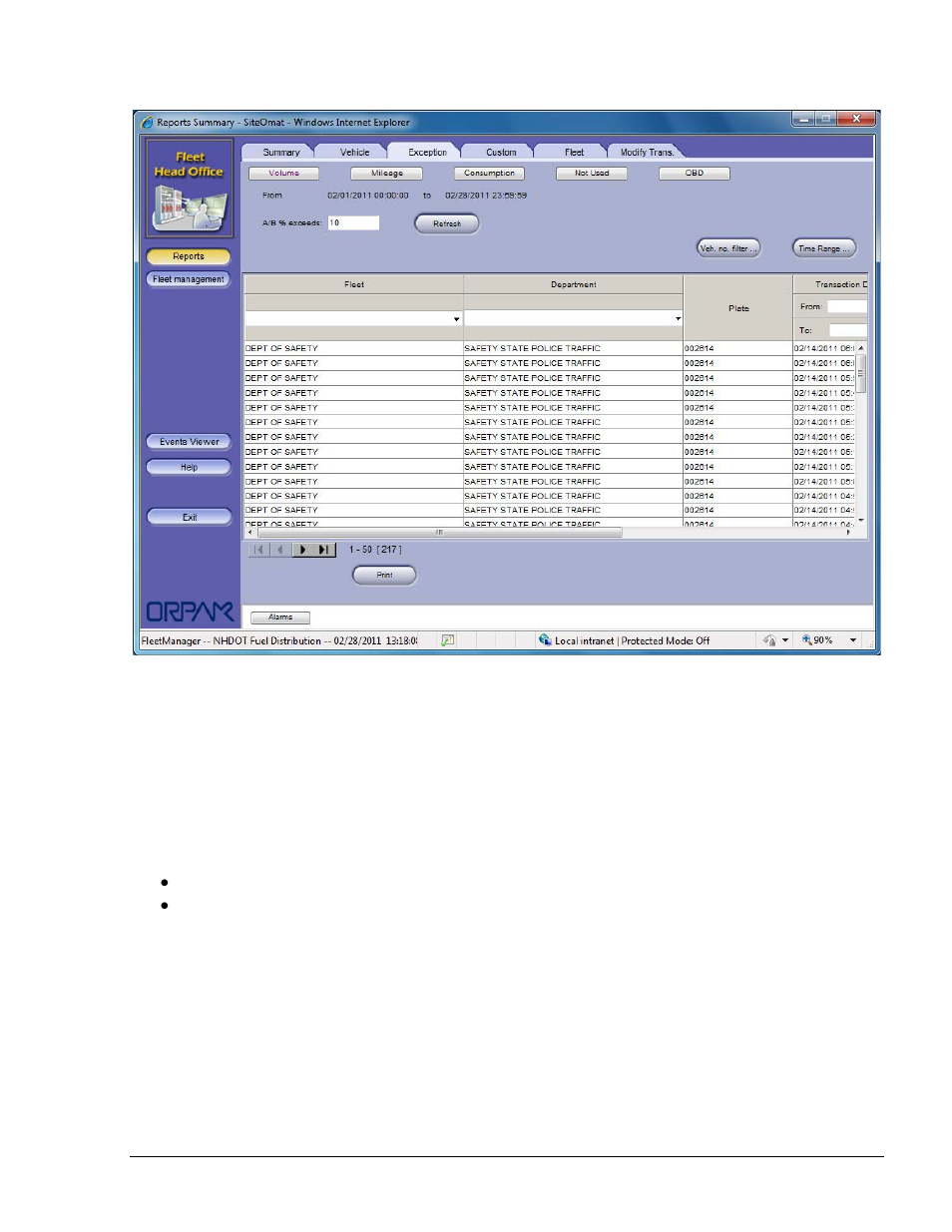 Mileage exception report, Figure 8-48. exception report screen - volume | Gasboy Fleet Head Office System User Manual | Page 245 / 370