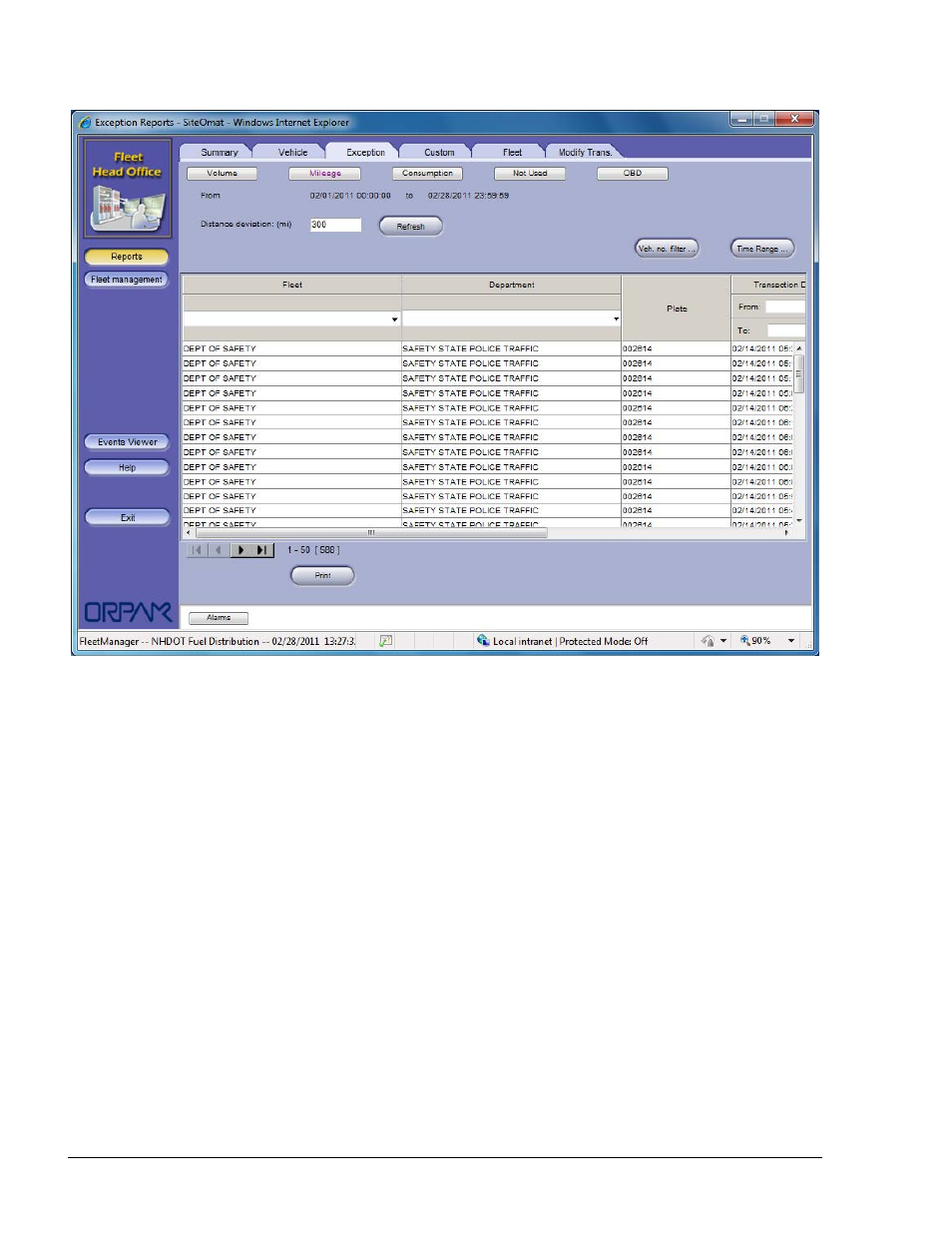 Consumption exception report, Figure 8-49. exception report screen mileage | Gasboy Fleet Head Office System User Manual | Page 246 / 370