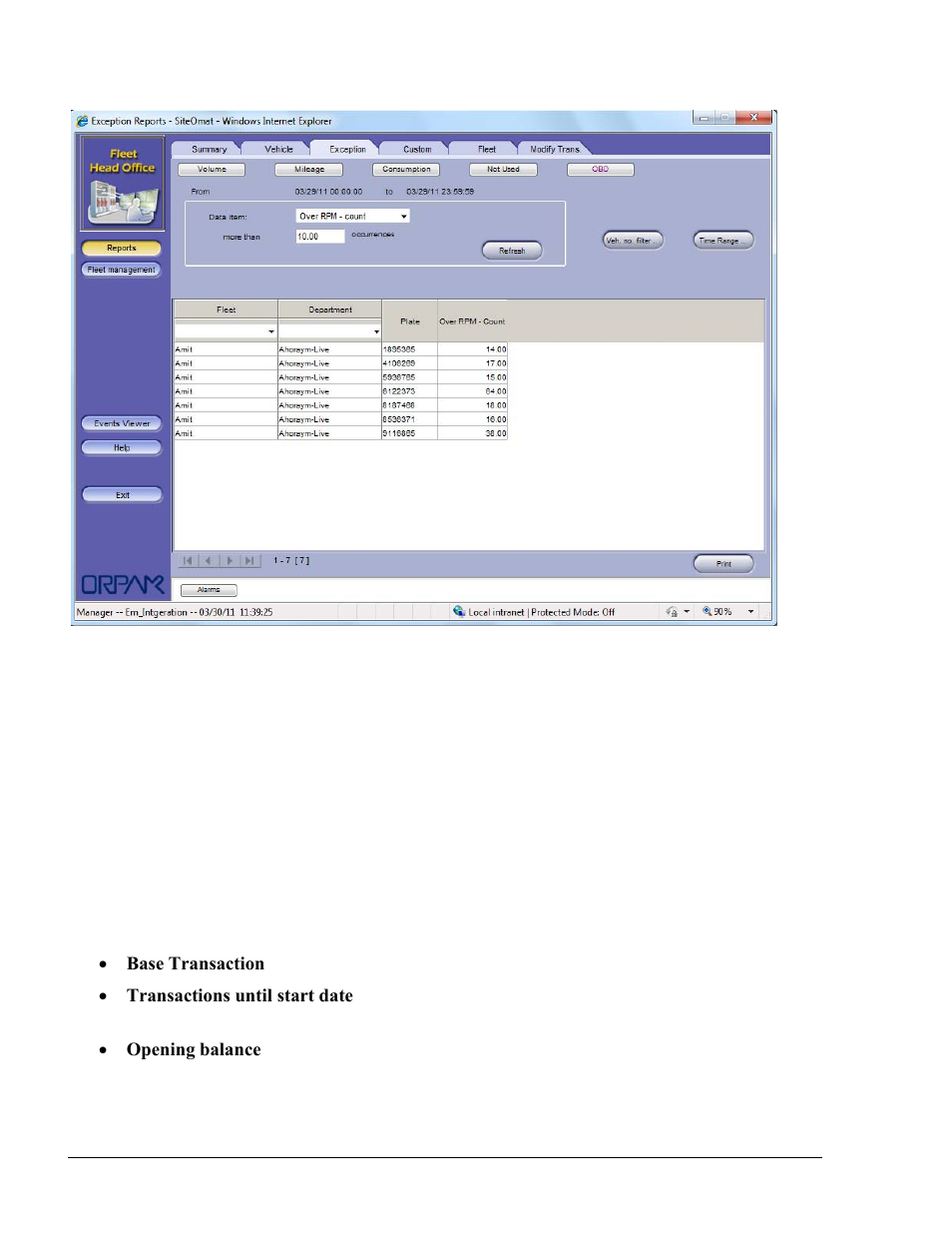 Custom reports, Fleet reports, Fleet manager obligo report | Figure 8-52. exception report screen - obd | Gasboy Fleet Head Office System User Manual | Page 250 / 370