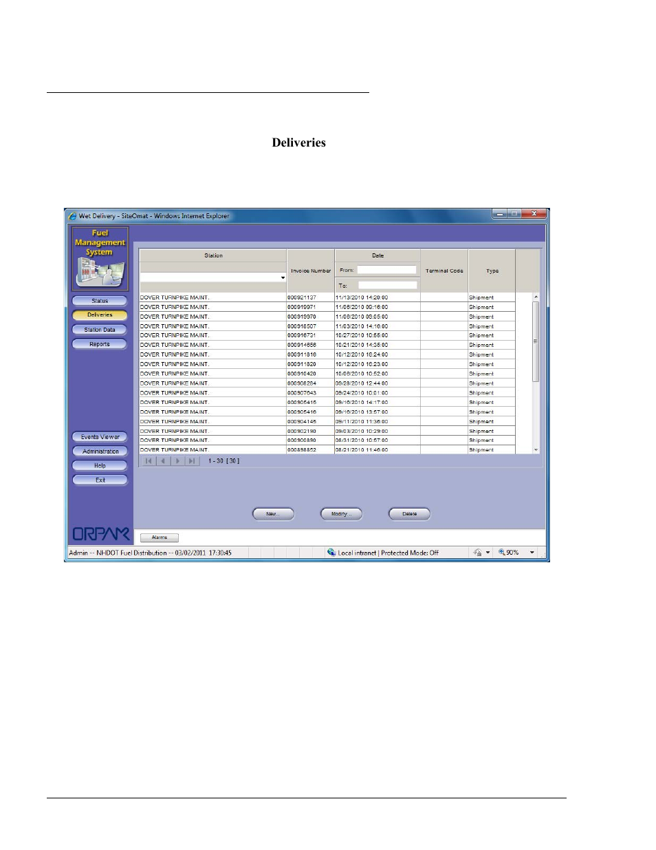 Deliveries screen, Figure 10-7. deliveries screen | Gasboy Fleet Head Office System User Manual | Page 266 / 370