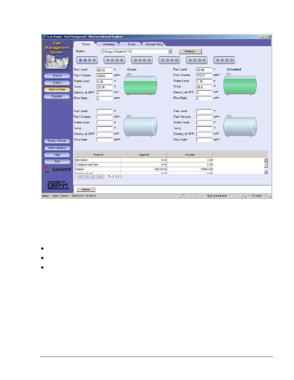 Tank status screen elements, Figure 11-1. station data - tanks status screen | Gasboy Fleet Head Office System User Manual | Page 271 / 370