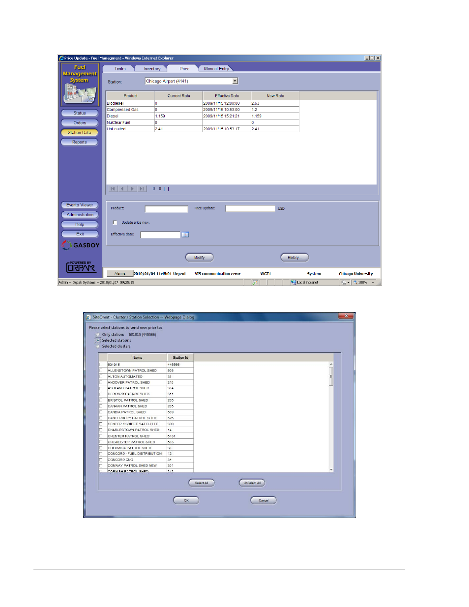 Figure 11-4. station data - price tab, Figure 11-5. cluster/station selection dialog box | Gasboy Fleet Head Office System User Manual | Page 276 / 370