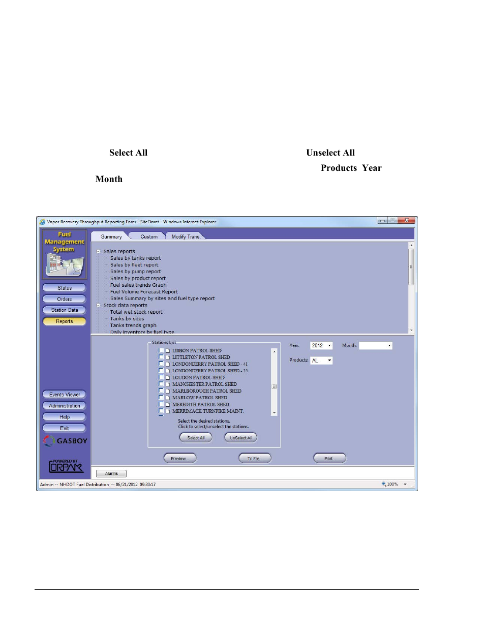 Vapor recovery throughput reporting form | Gasboy Fleet Head Office System User Manual | Page 296 / 370