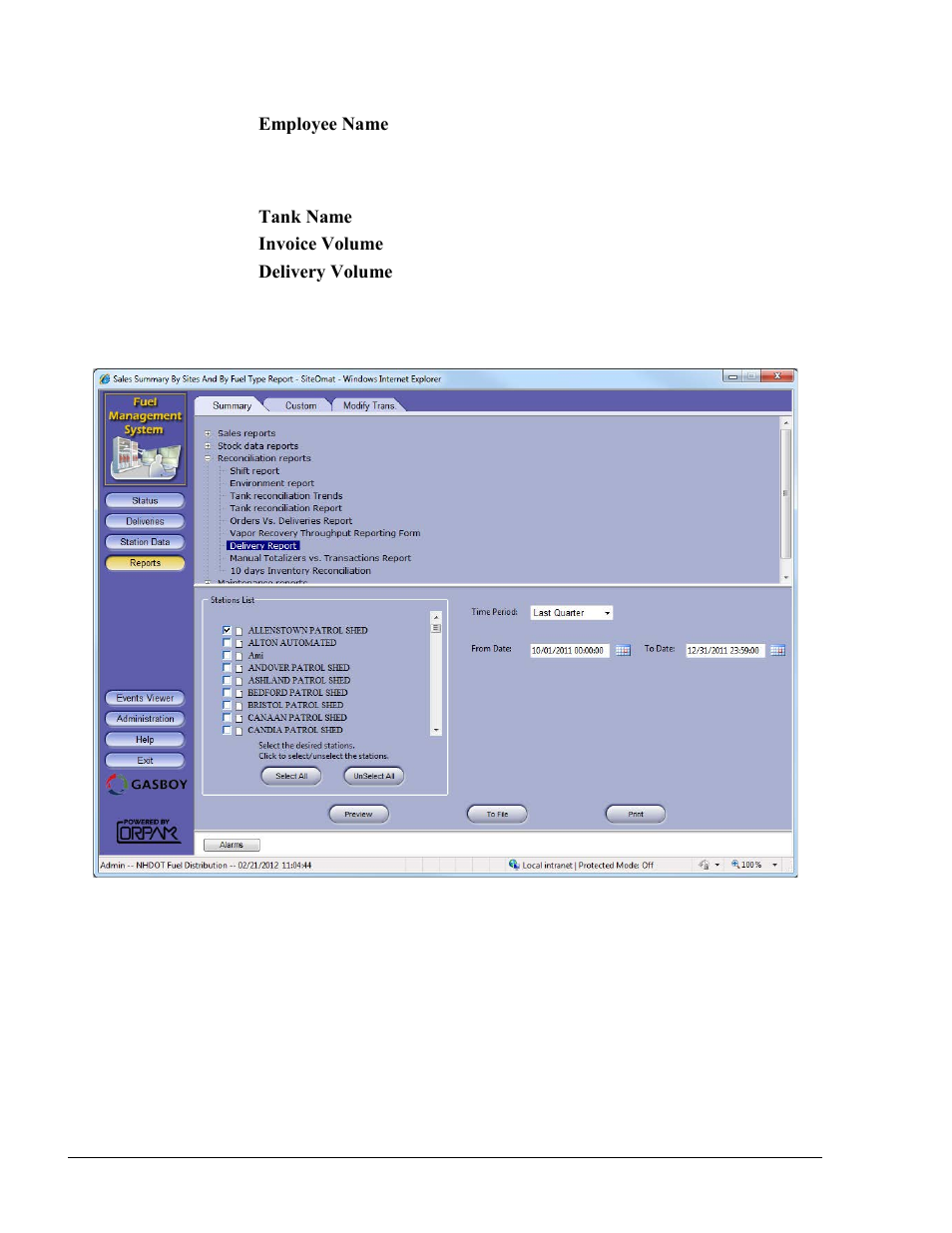 Figure 12-15. delivery report screen | Gasboy Fleet Head Office System User Manual | Page 298 / 370