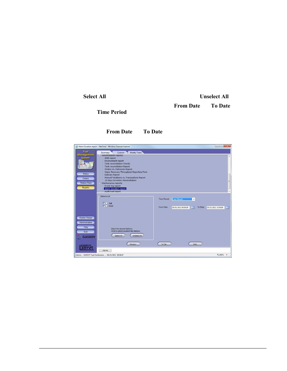 Alarm duration reports, Figure 12-23. alarm duration report screen | Gasboy Fleet Head Office System User Manual | Page 305 / 370