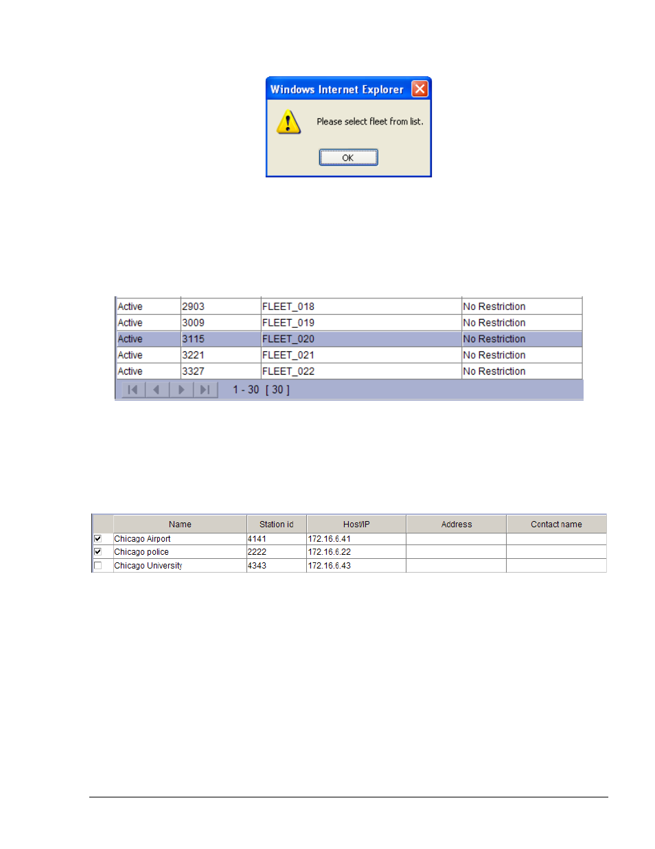 Selecting a row in a grid, Marking row(s) in a grid, Sorting a grid | Figure 4-2. grid row selection message, Figure 4-3. selecting a row in a grid, Figure 4-4. marking grid row(s) | Gasboy Fleet Head Office System User Manual | Page 73 / 370