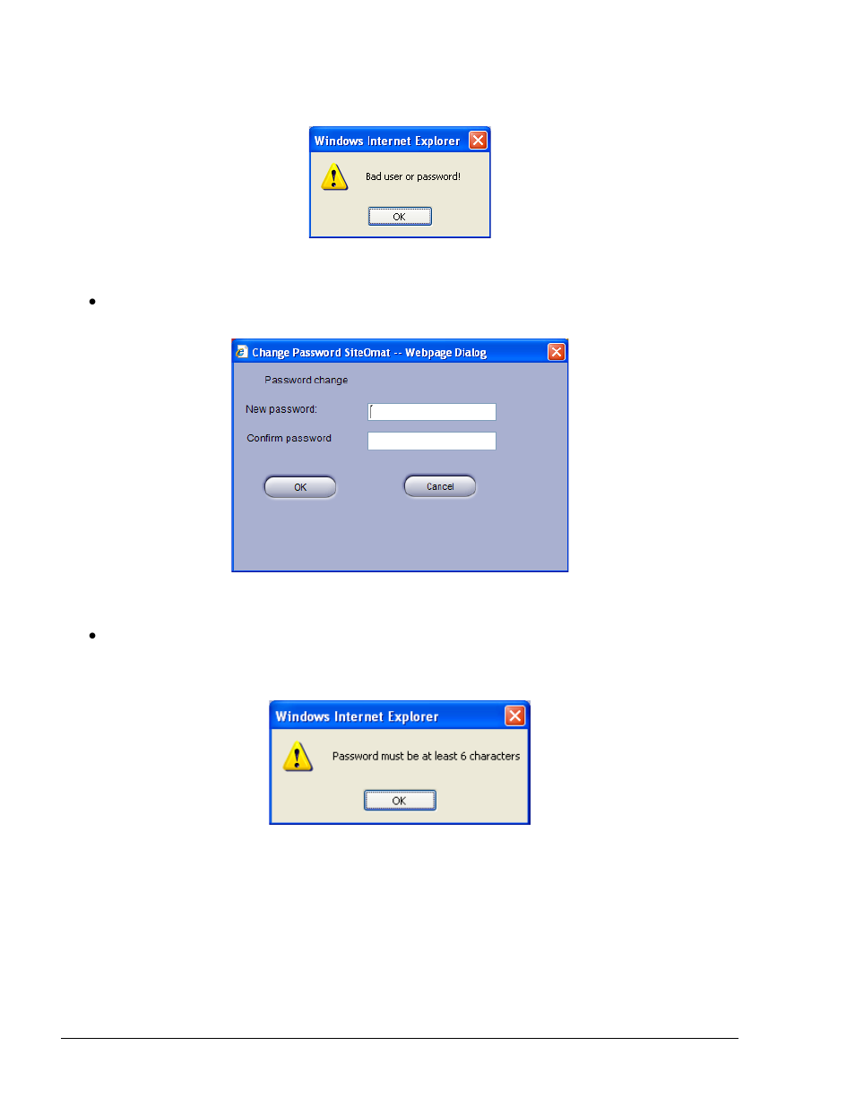 Figure 5-2. bad user or password message, Figure 5-3. password change screen, Figure 5-4. password minimum characters message | Gasboy Fleet Head Office System User Manual | Page 80 / 370