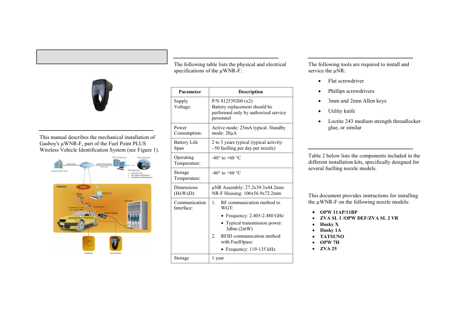 Appendix b, Μwnr-f installation instructions, General | Specifications, Required tools, Installation kits, Nozzle models | Gasboy Fuel Point PLUS Station User Manual | Page 111 / 136