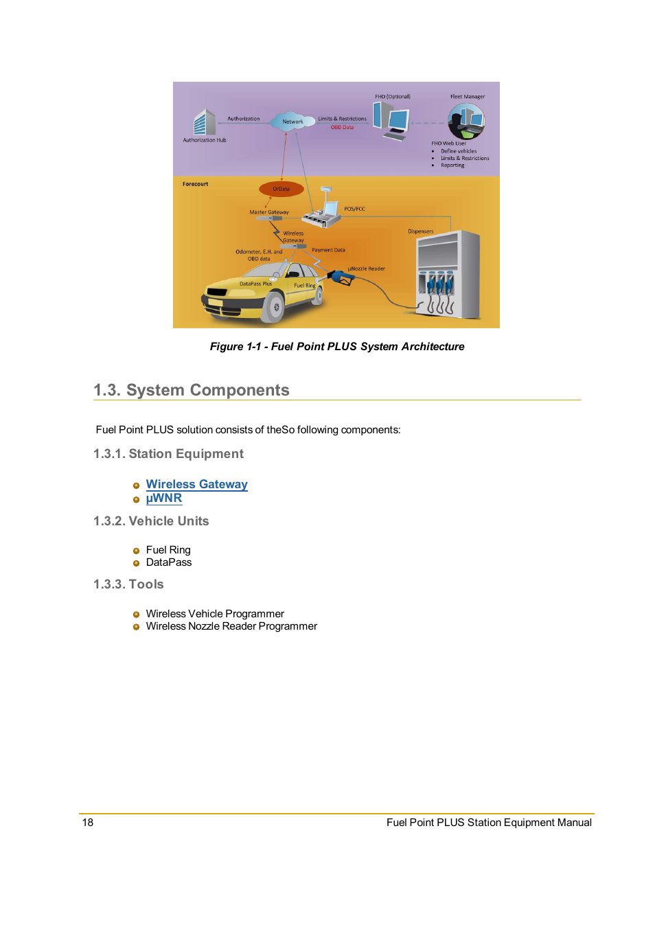 System components, Station equipment, Vehicle units | Tools, Figure 1-1 - fuel point plus system architecture | Gasboy Fuel Point PLUS Station User Manual | Page 18 / 136