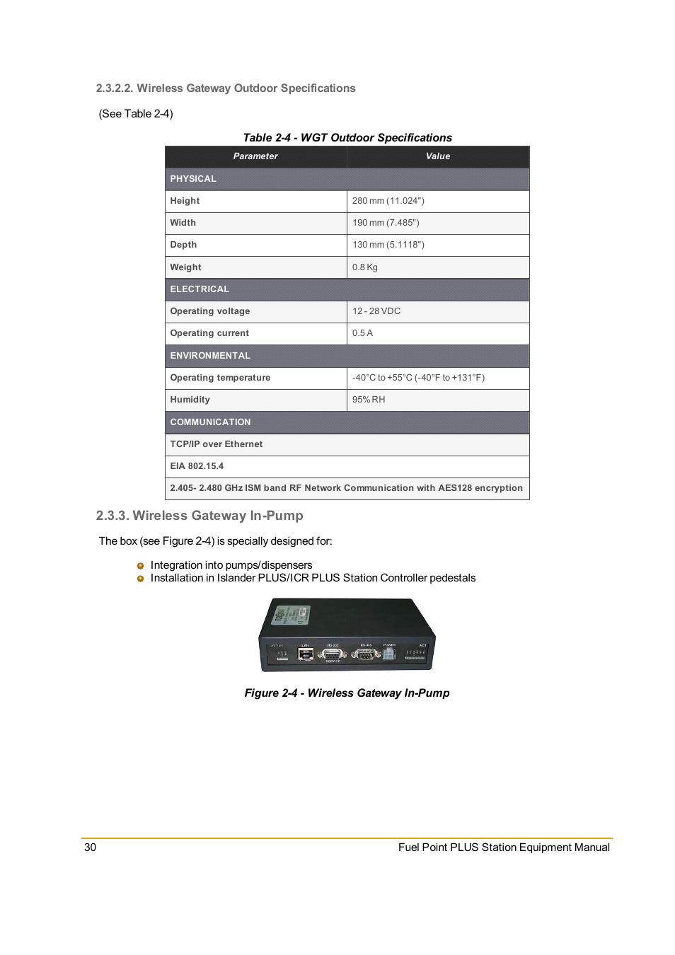 Wireless gateway outdoor specifications, Wireless gateway in-pump, Figure 2-4 - wireless gateway in-pump | Table 2-4 - wgt outdoor specifications | Gasboy Fuel Point PLUS Station User Manual | Page 30 / 136