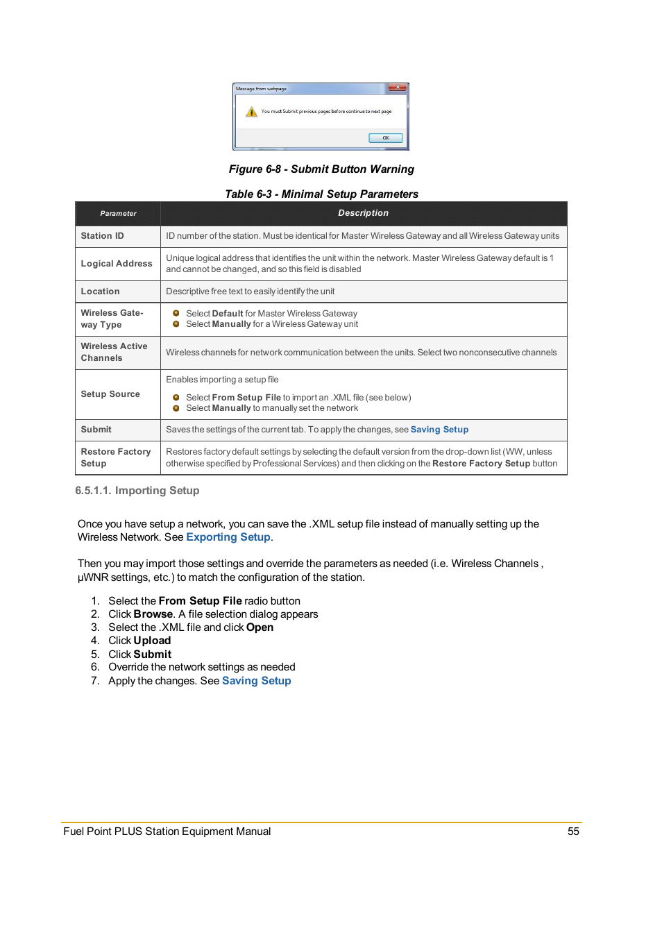 Importing setup, Figure 6-8 - submit button warning, Table 6-3 - minimal setup parameters | Gasboy Fuel Point PLUS Station User Manual | Page 55 / 136