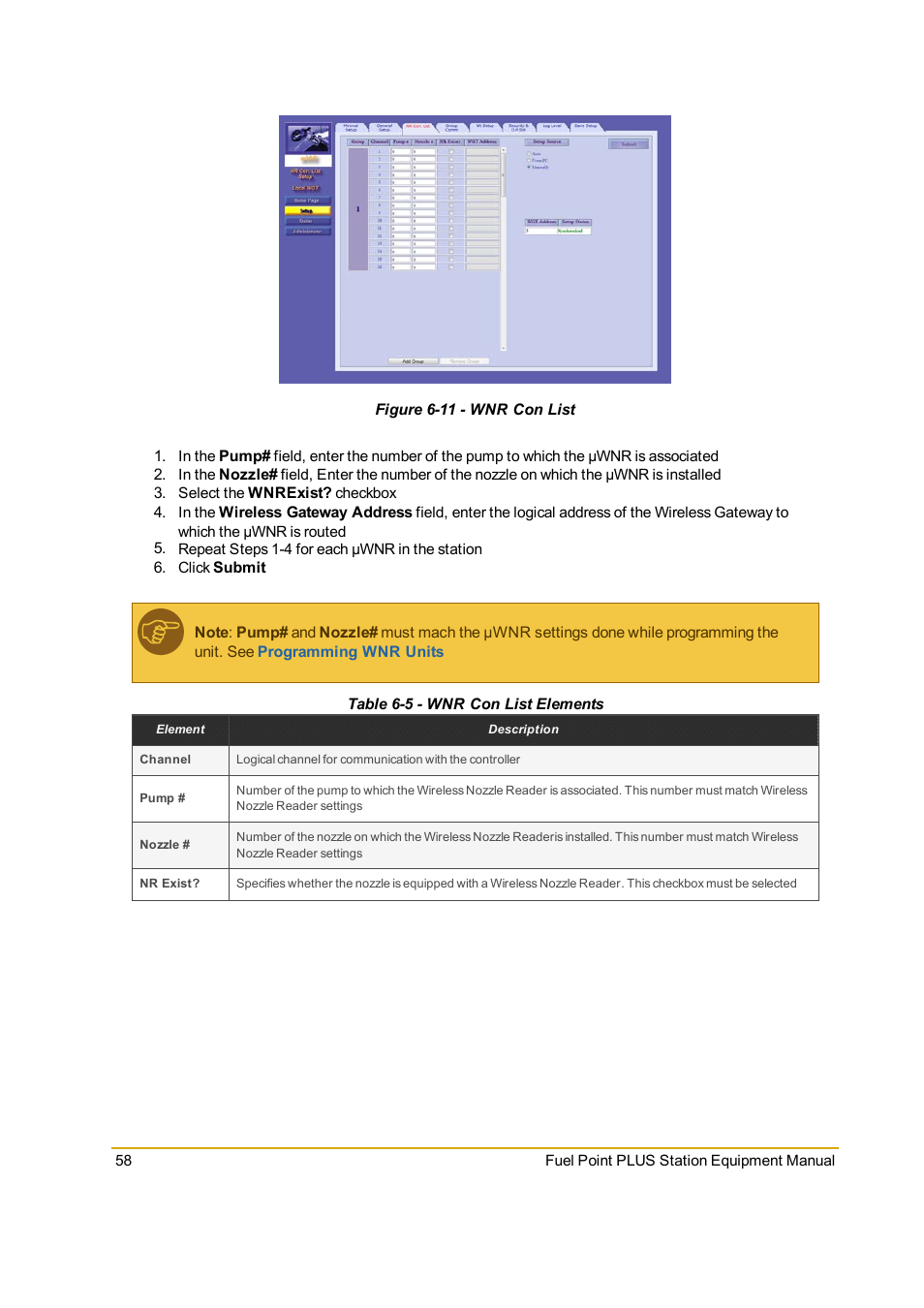 Figure 6-11 - wnr con list, Table 6-5 - wnr con list elements, Figure 6-11 | Table 6-5 | Gasboy Fuel Point PLUS Station User Manual | Page 58 / 136