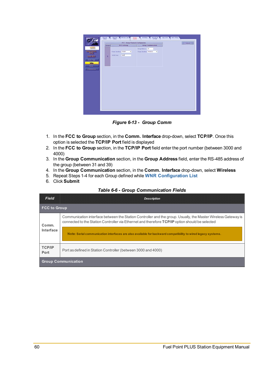 Figure 6-13 - group comm, Table 6-6 - group communication fields, Figure 6-13 | Table 6-6 | Gasboy Fuel Point PLUS Station User Manual | Page 60 / 136