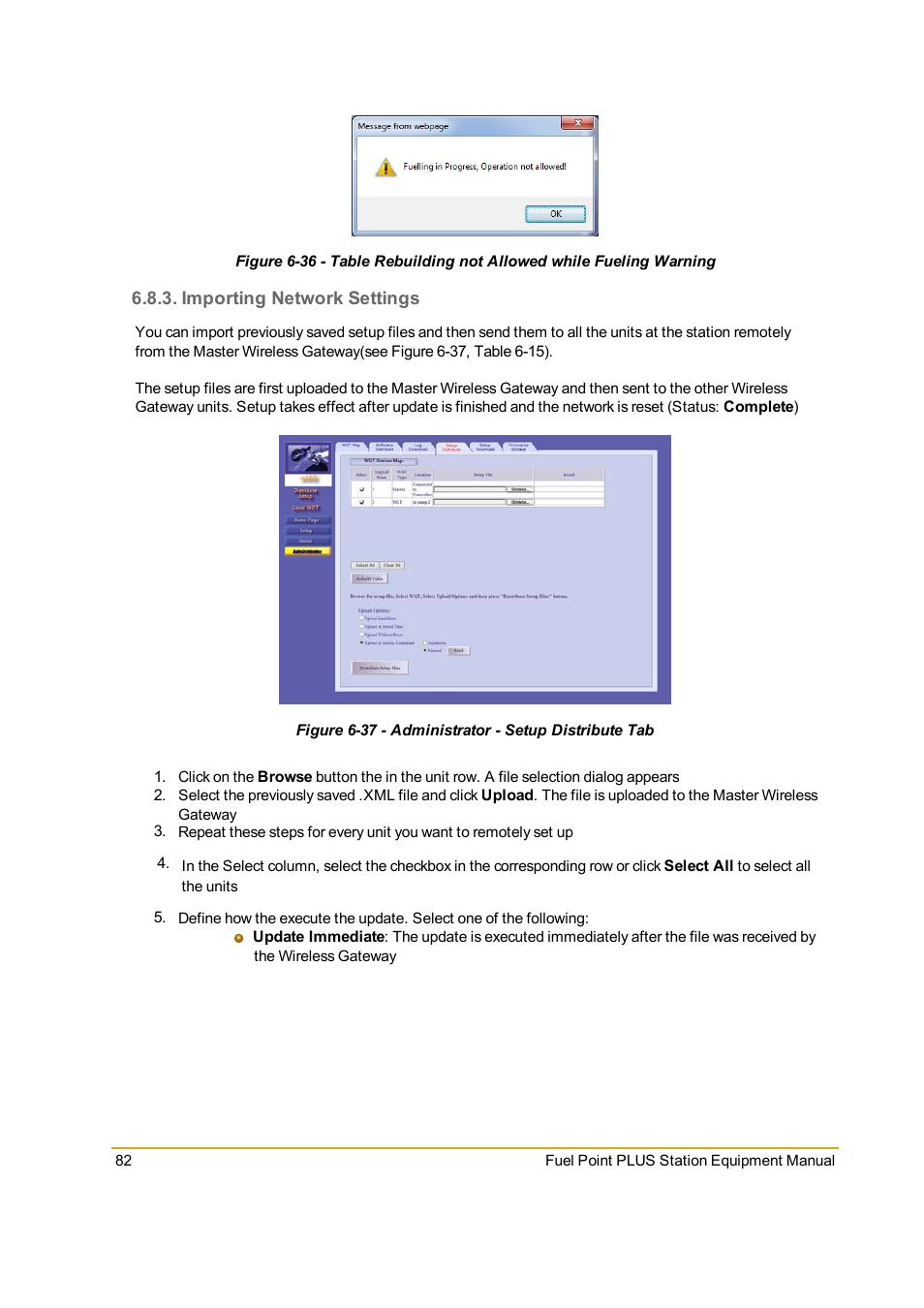 Importing network settings, Figure 6-37 - administrator - setup distribute tab, Figure 6-36 | Gasboy Fuel Point PLUS Station User Manual | Page 82 / 136