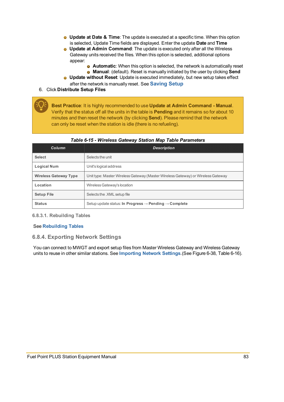 Rebuilding tables, Exporting network settings | Gasboy Fuel Point PLUS Station User Manual | Page 83 / 136