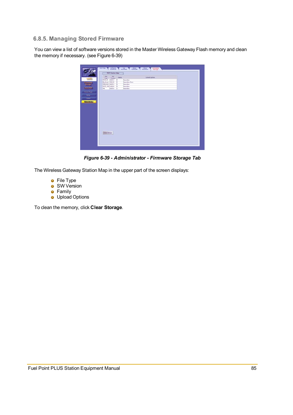 Managing stored firmware, Figure 6-39 - administrator - firmware storage tab | Gasboy Fuel Point PLUS Station User Manual | Page 85 / 136