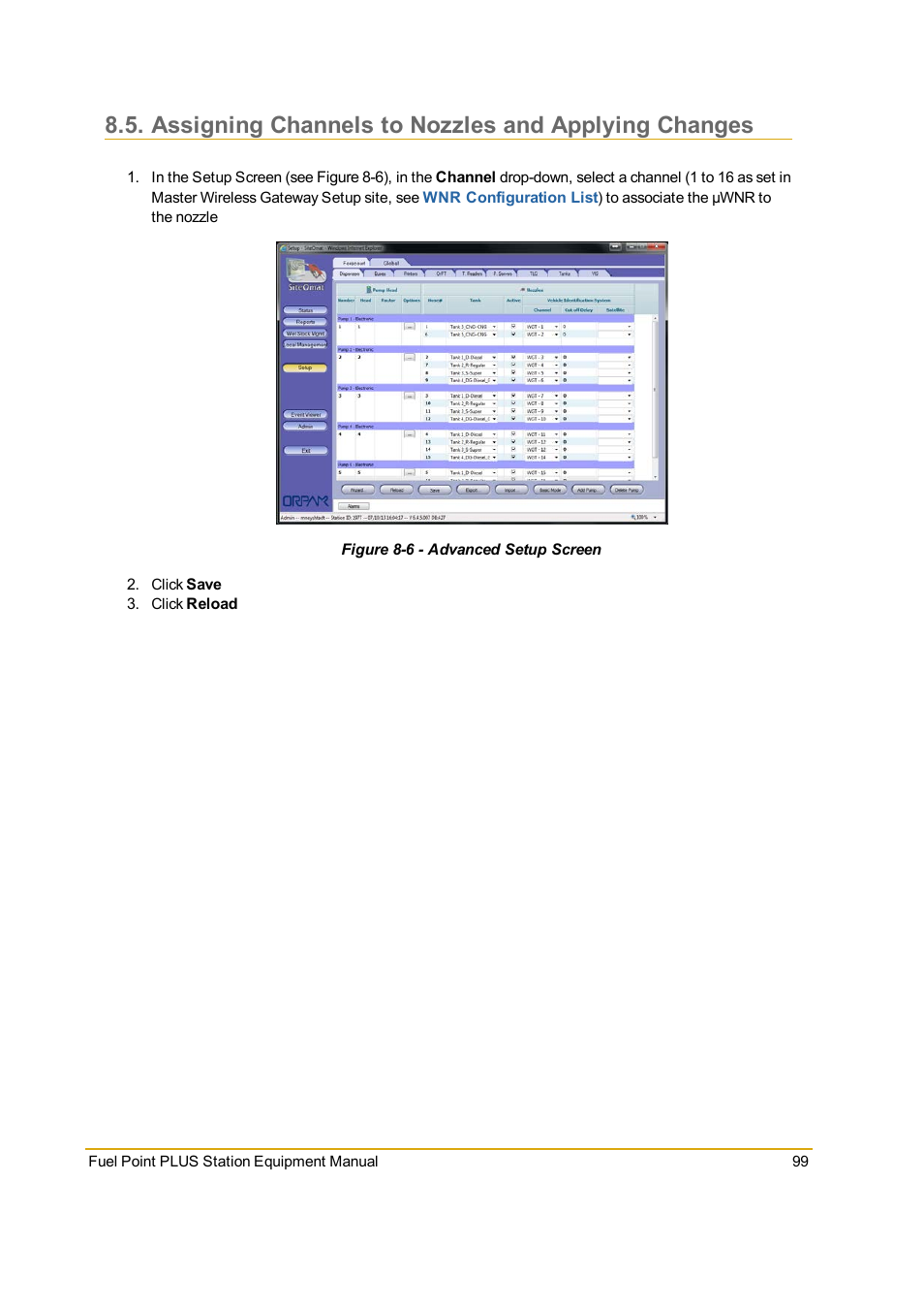 Assigning channels to nozzles and applying changes, Figure 8-6 - advanced setup screen | Gasboy Fuel Point PLUS Station User Manual | Page 99 / 136