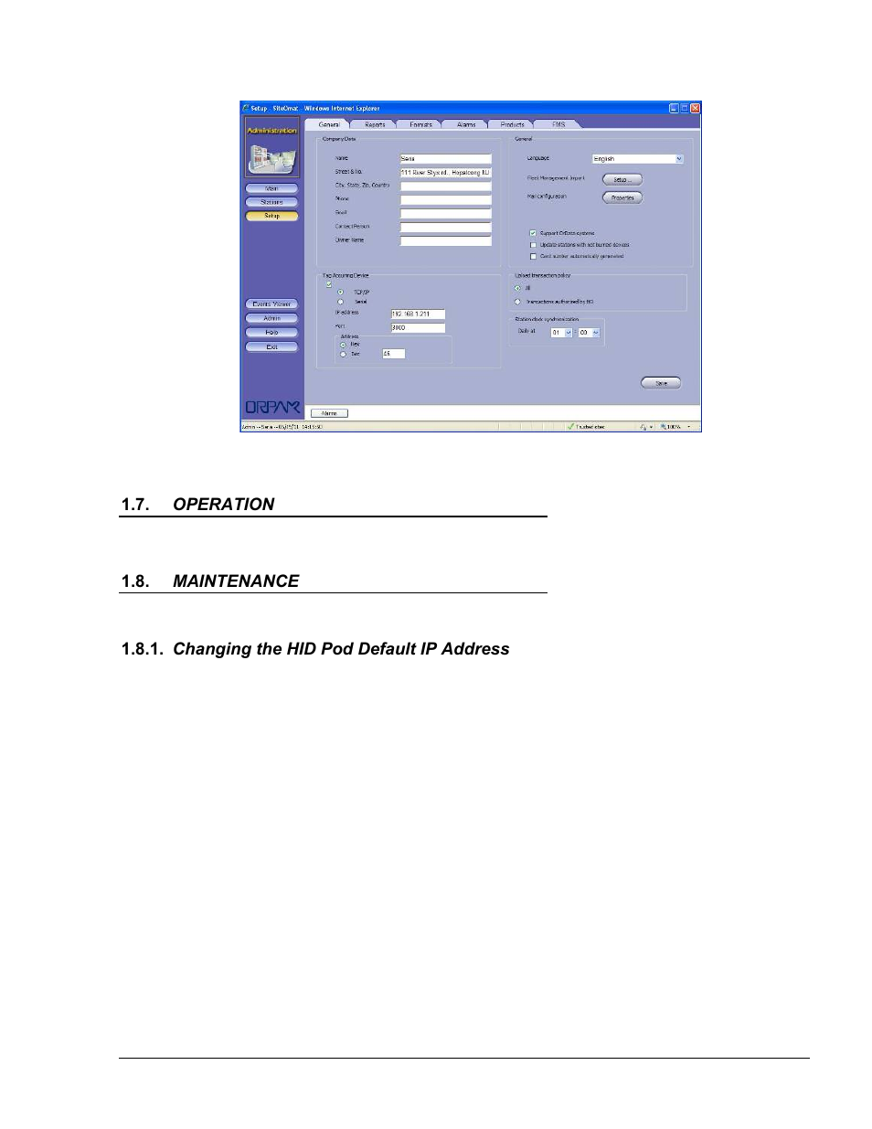 Operation, Maintenace, Changing the hid pod default ip address | Operation 1.8. maintena | Gasboy FHO Pods User Manual | Page 10 / 22