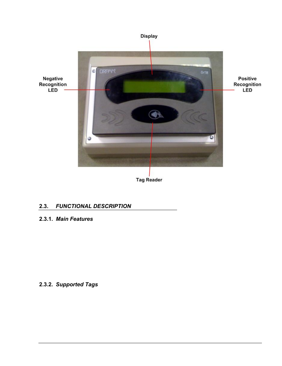 Functional description, Main features, Supported tags | Functional, Description, Main, Features, Supported, Tags, Figure 2-1. mifare pod – front view | Gasboy FHO Pods User Manual | Page 15 / 22