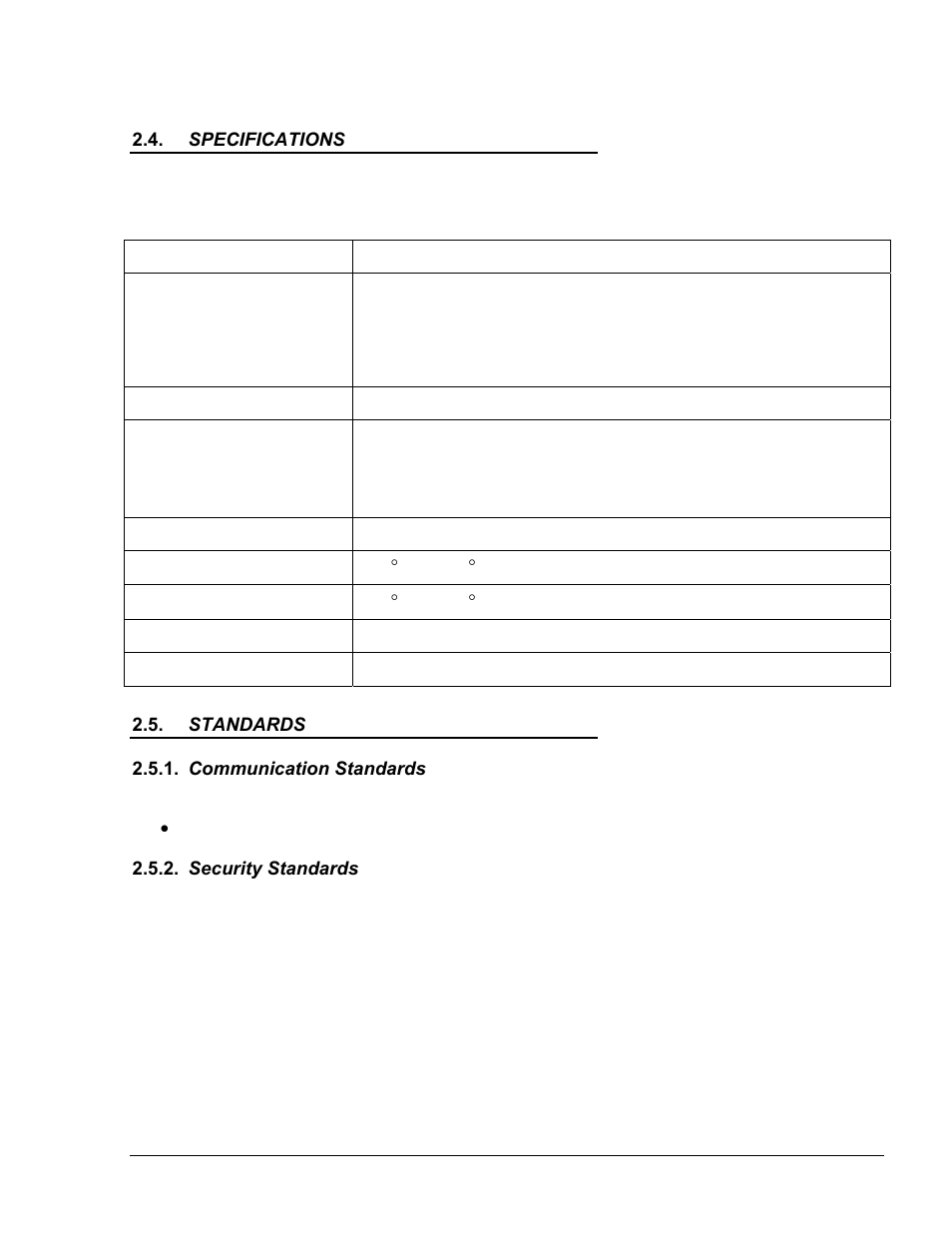 Specifications, Standards, Communication standards | Security standards, Specifications 2.5. standards 2.5.1. communication, Security, Table 2-1. mifare pod specifications | Gasboy FHO Pods User Manual | Page 18 / 22