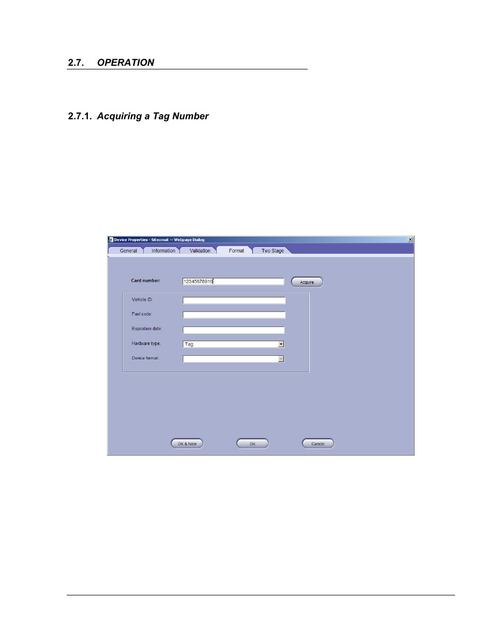 Operation, Acquiring a tag number, Operation 2.7.1. acquiring a tag number | Figure 2-9. device properties – format tab | Gasboy FHO Pods User Manual | Page 21 / 22