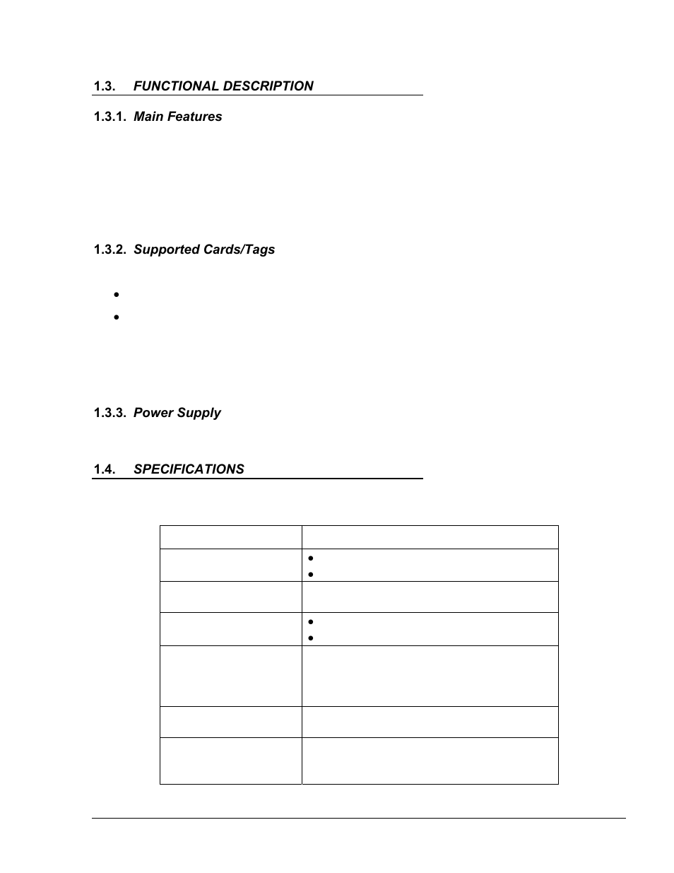 Functional description, Main features, Supported cards/tags | Power supply, Specifications, Functional, Description, Main, Features, Supported | Gasboy FHO Pods User Manual | Page 8 / 22