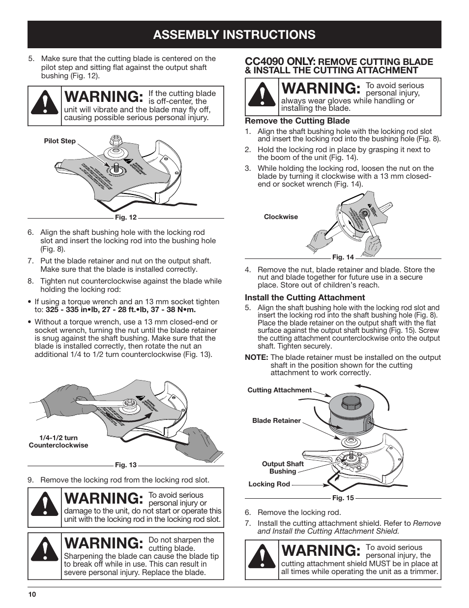 Warning, Assembly instructions, Cc4090 only | Cub Cadet CC4090 User Manual | Page 10 / 88