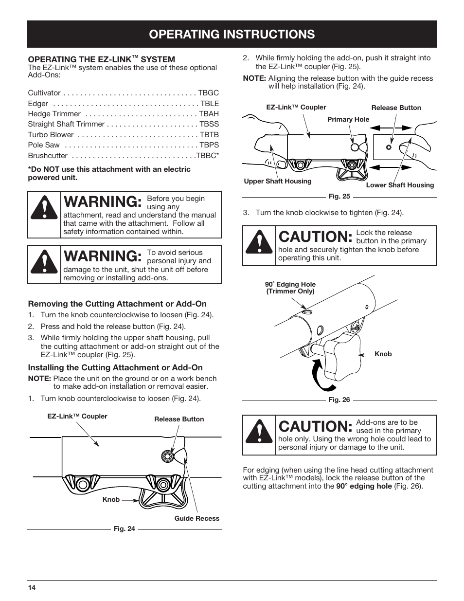 Warning, Caution, Operating instructions | Cub Cadet CC4090 User Manual | Page 14 / 88