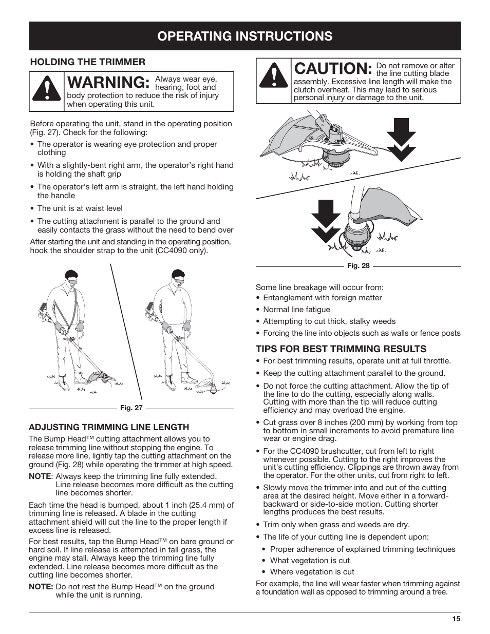 Caution, Warning, Operating instructions | Cub Cadet CC4090 User Manual | Page 15 / 88