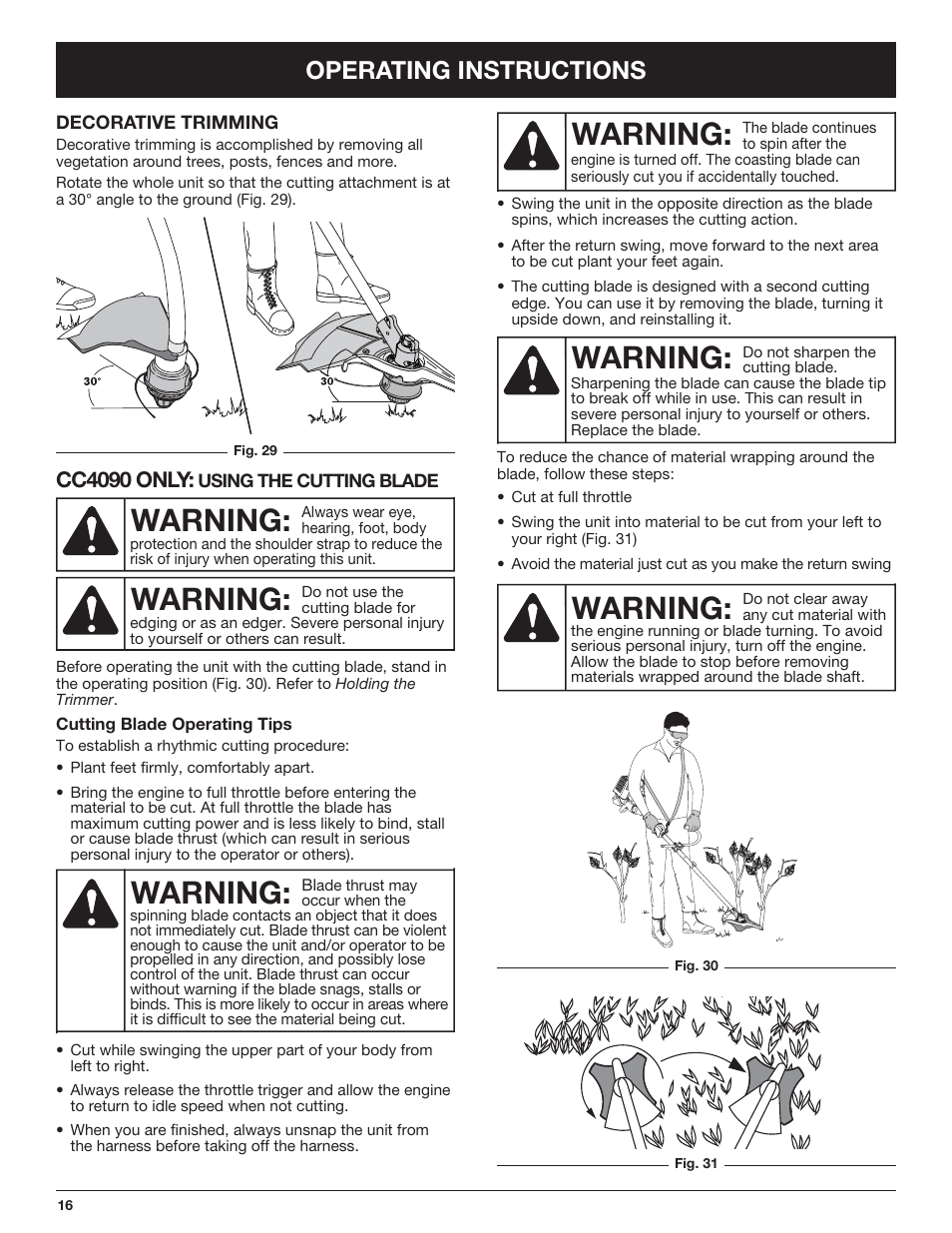 Warning, Operating instructions, Cc4090 only | Cub Cadet CC4090 User Manual | Page 16 / 88