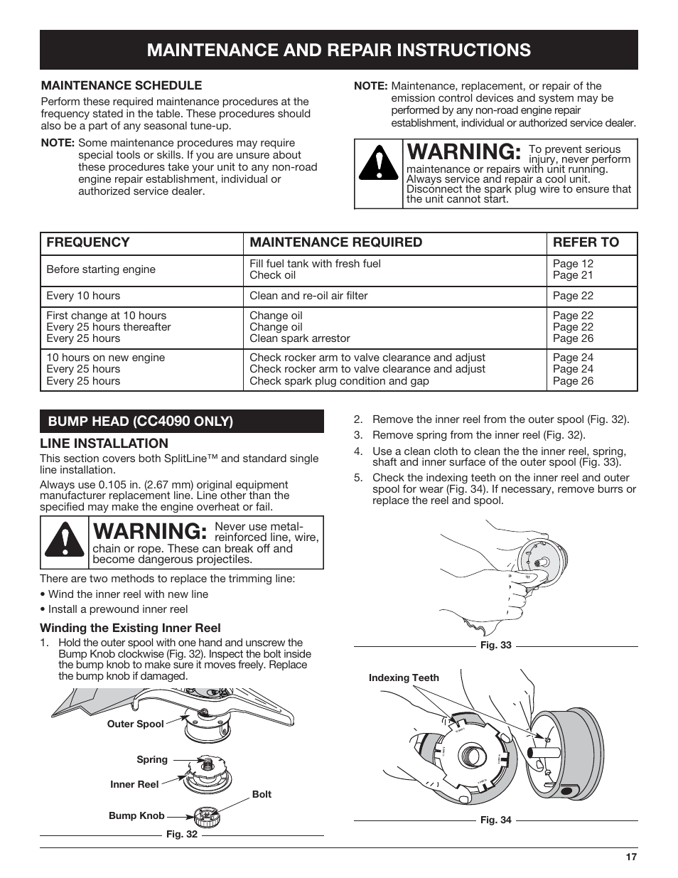 Warning, Maintenance and repair instructions, Cc4090 | Cub Cadet CC4090 User Manual | Page 17 / 88