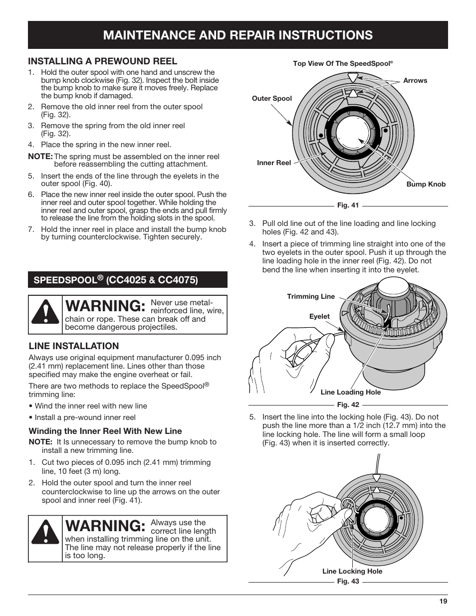 Warning, Maintenance and repair instructions, Cc4025 | Cc4075 | Cub Cadet CC4090 User Manual | Page 19 / 88