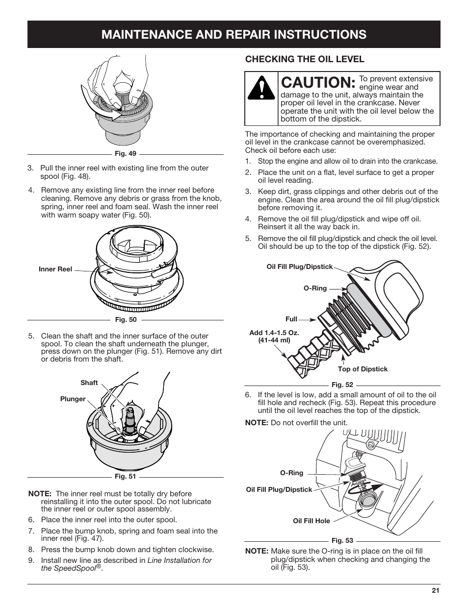 Caution, Maintenance and repair instructions | Cub Cadet CC4090 User Manual | Page 21 / 88
