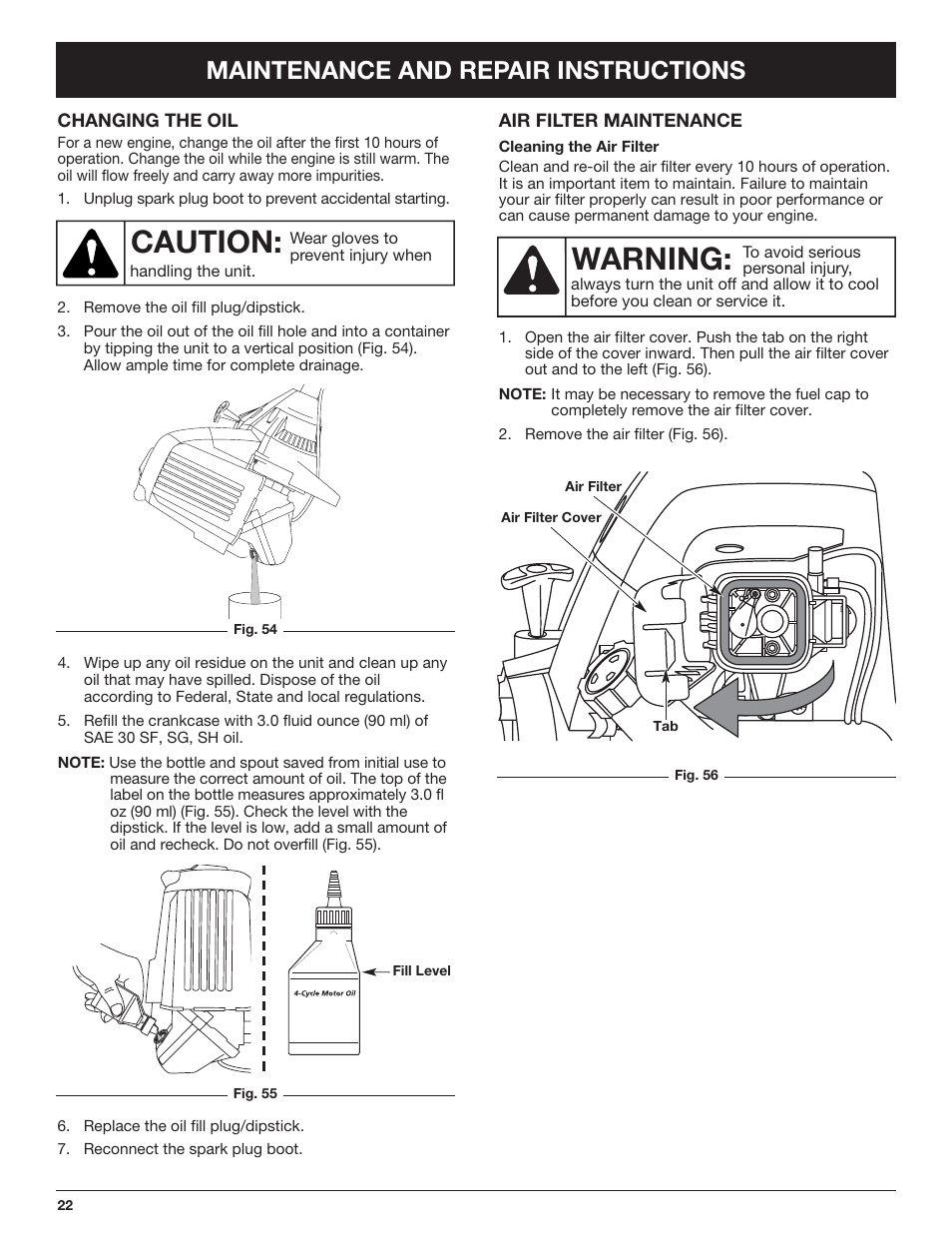 Caution, Warning, Maintenance and repair instructions | Cub Cadet CC4090 User Manual | Page 22 / 88