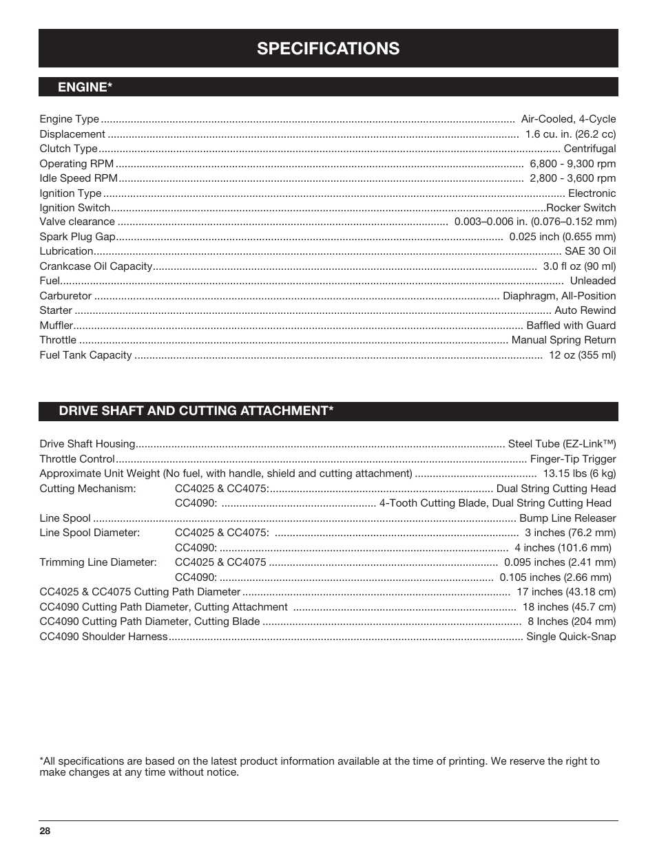 Specifications | Cub Cadet CC4090 User Manual | Page 28 / 88